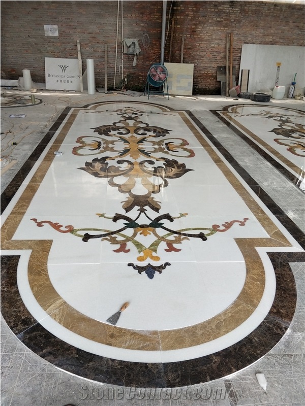 White Flower Design Marble Curved Waterjet Medallion Pattern