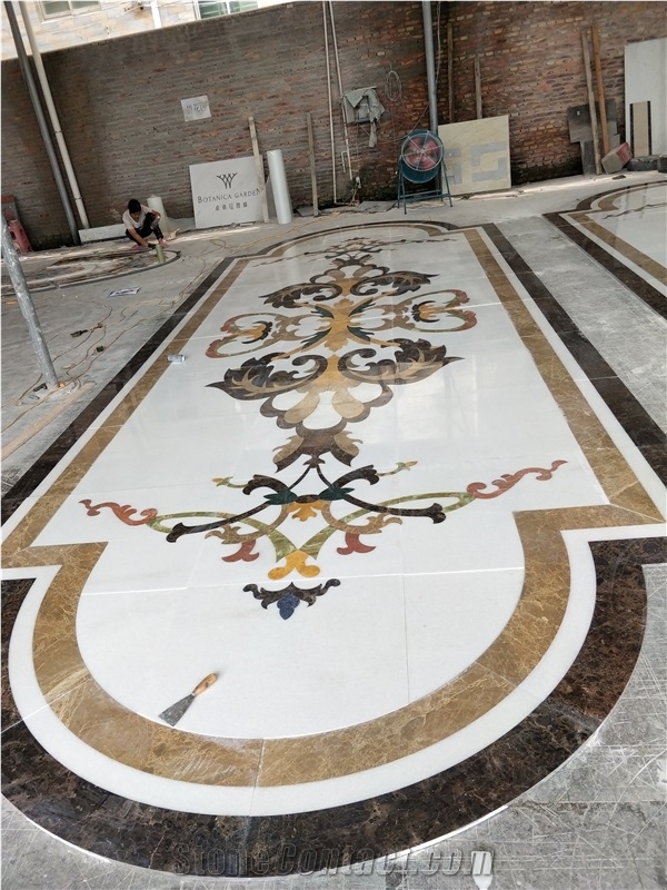 White Flower Design Marble Curved Waterjet Medallion Pattern