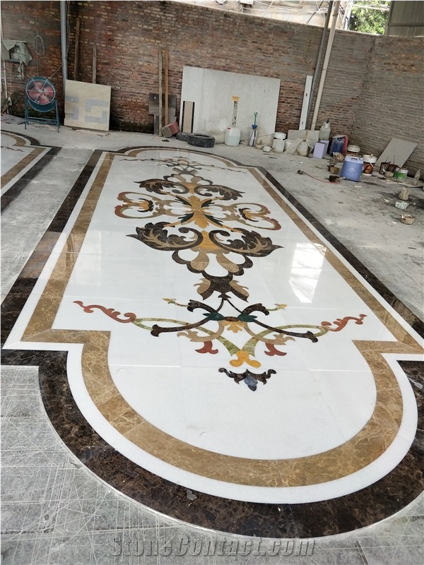 White Flower Design Marble Curved Waterjet Medallion Pattern
