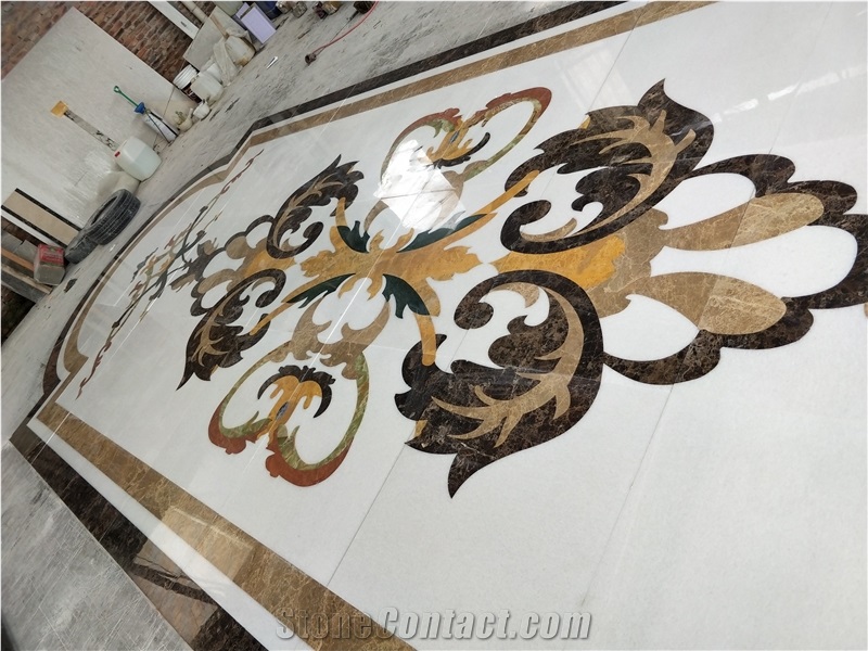 White Flower Design Marble Curved Waterjet Medallion Pattern