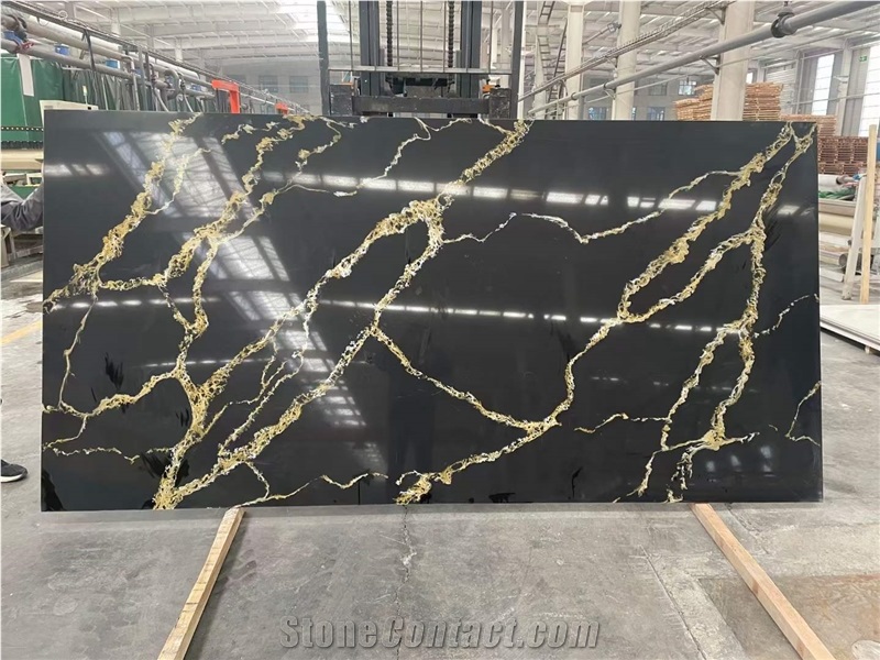 Black Quartz Slabs With Yellow Golden Vein