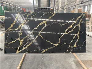 Black Quartz Slabs With Yellow Golden Vein
