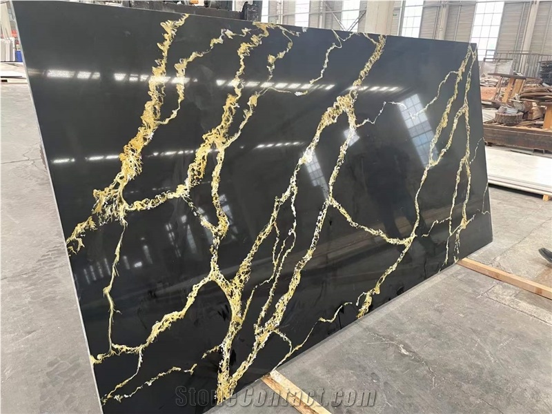 Black Quartz Slabs With Yellow Golden Vein