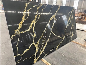 Black Quartz Slabs With Yellow Golden Vein
