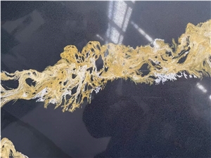 Black Quartz Slabs With Yellow Golden Vein