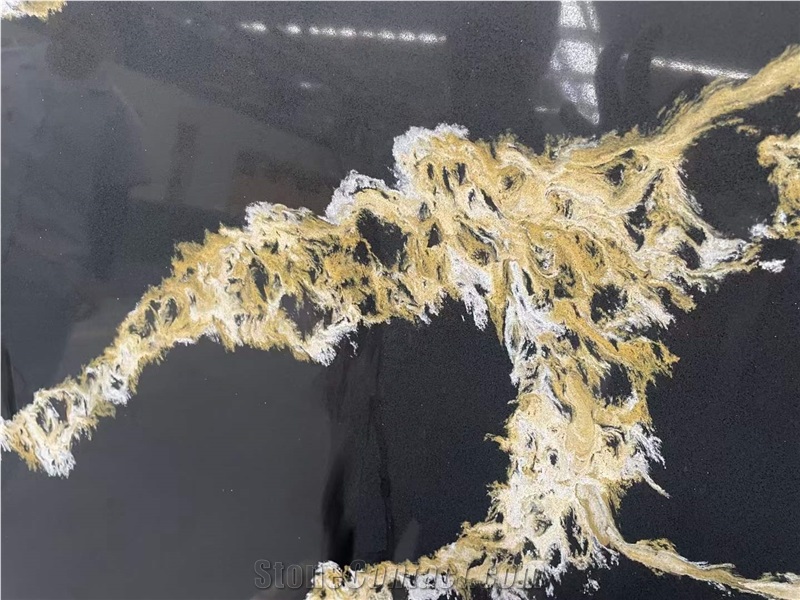 Black Quartz Slabs With Yellow Golden Vein