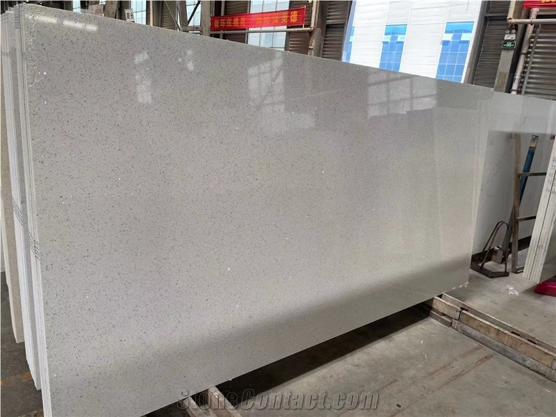 White Stellar Quartz Cuarzo Estelar Blanco Big Polish Slabs