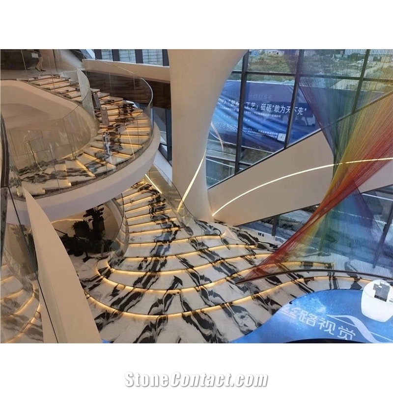 Natural Indoor White Panda Marble Staircase Spiral