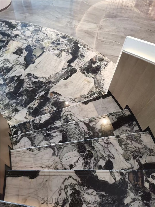 Bookmatch Marble Spiral Staircase Stone Panda Veining Stairs