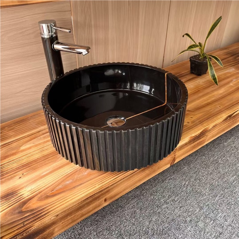 Interior Bathroom Stone Washbasin Rose Travertine Round Sink