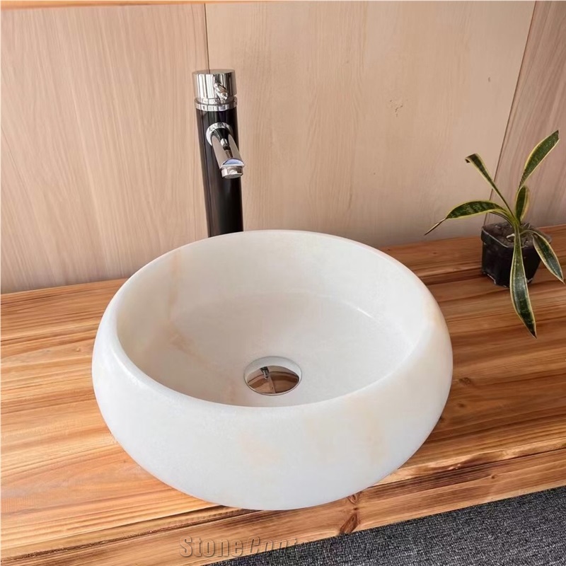 Interior Bathroom Stone Washbasin Rose Travertine Round Sink