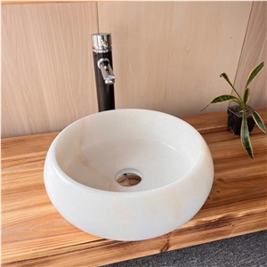 Interior Bathroom Stone Washbasin Rose Travertine Round Sink