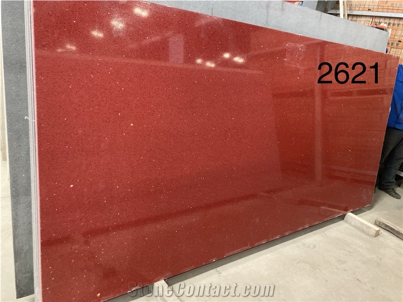 Red Galaxy Quartz Slab & Tile With Glass Engineered Stone