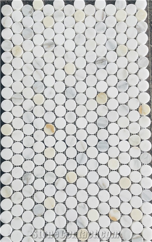 Calacatta Gold Mosaic Penny Round Arrow Kitchen