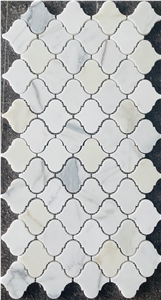 Calacatta Gold Mosaic Penny Round Arrow Kitchen