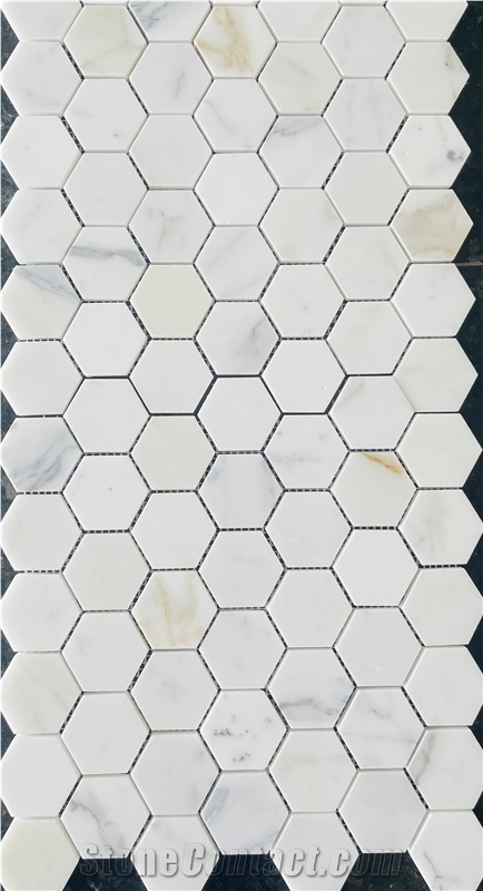 Calacatta Gold Mosaic Penny Round Arrow Kitchen