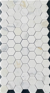 Calacatta Gold Mosaic Penny Round Arrow Kitchen