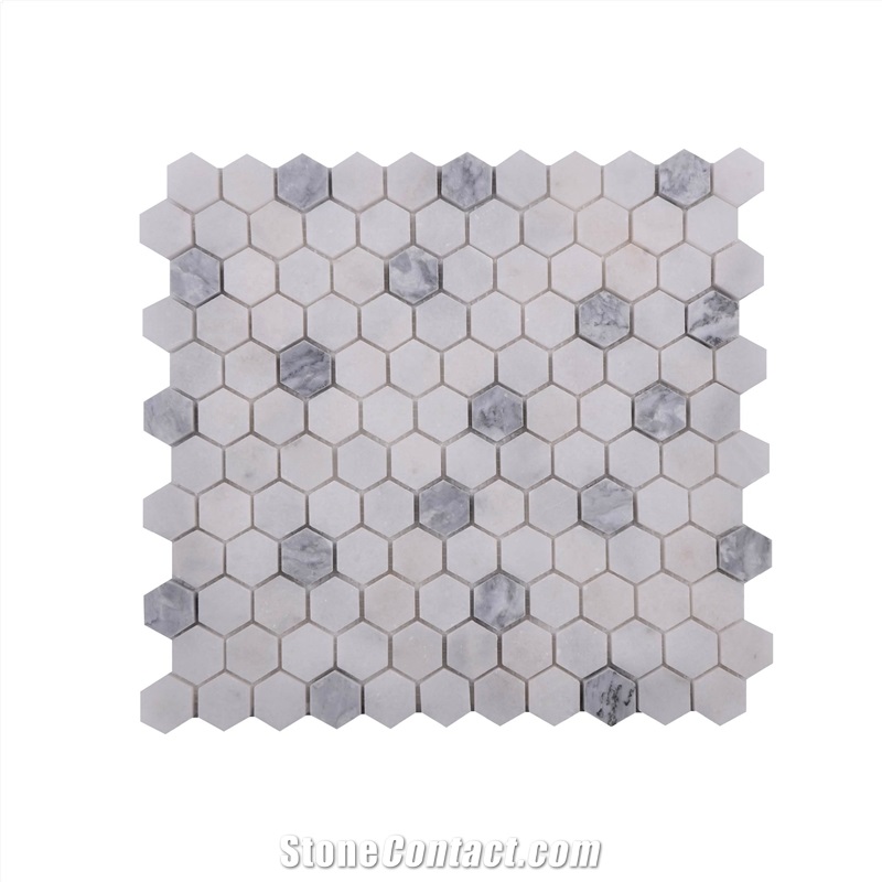 Mugla Silver And Mugla White 1'' Hexagon Honed Marble Mosaic Tile