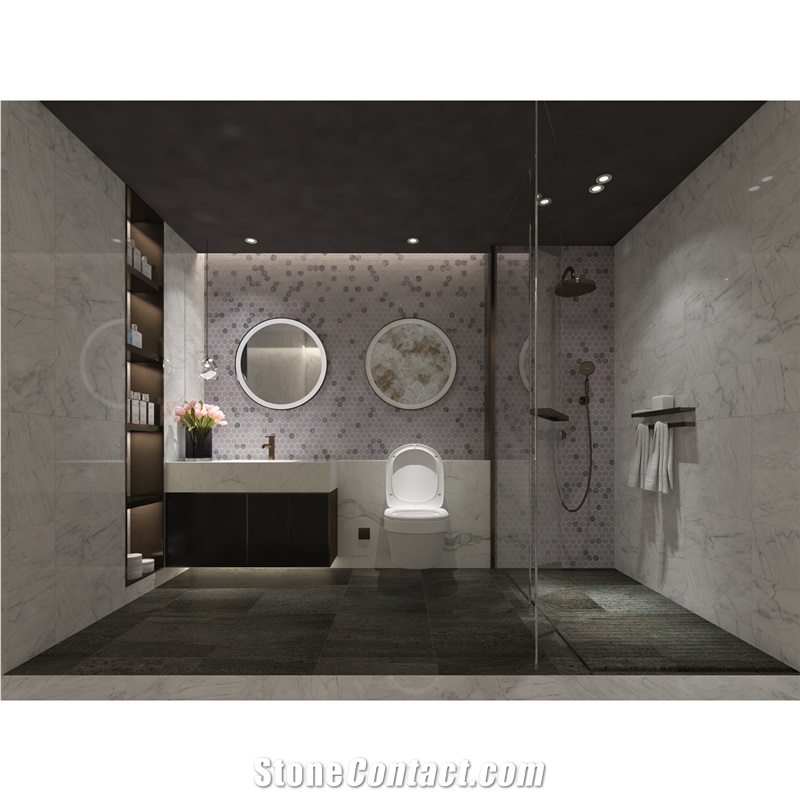 Mugla Silver And Mugla White 1'' Hexagon Honed Marble Mosaic Tile
