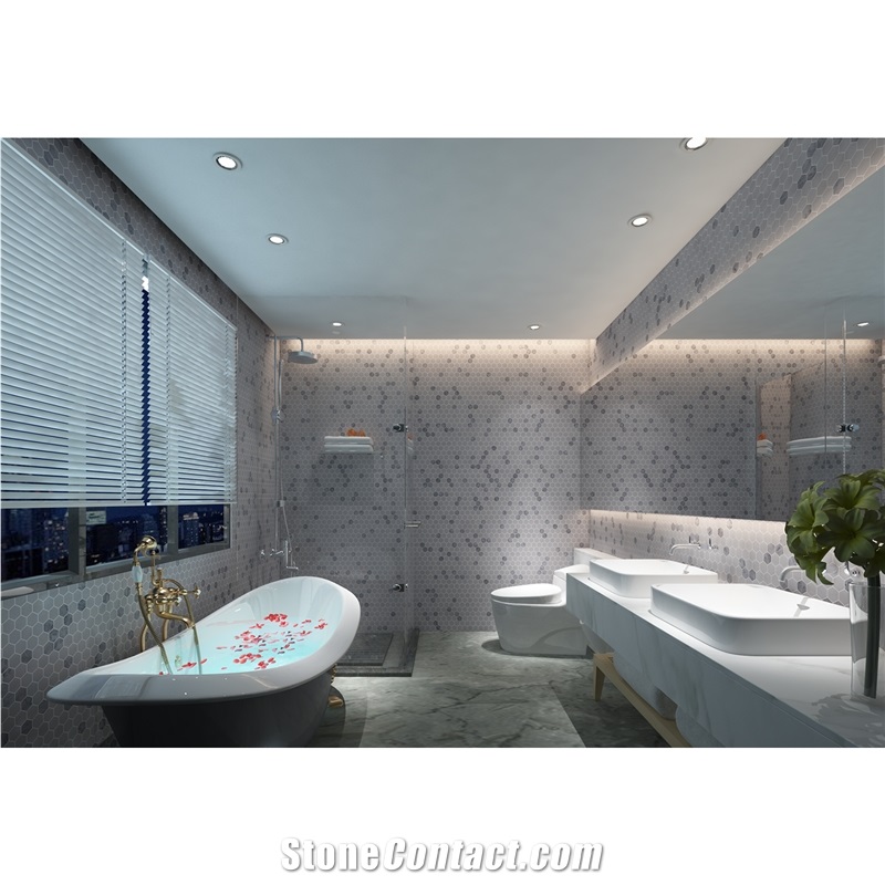 Mugla Silver And Mugla White 1'' Hexagon Honed Marble Mosaic Tile