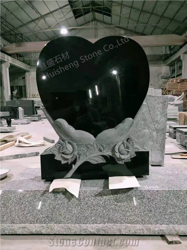 Absolute Black Granite Tombstone, Heart Headstone