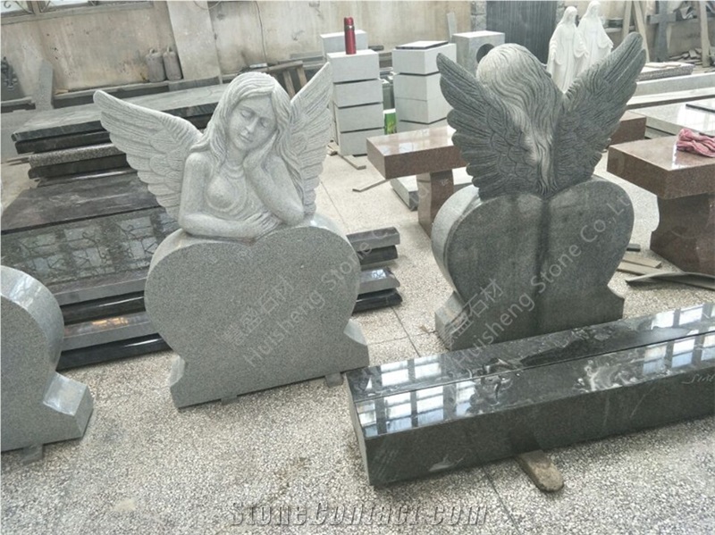Grey Granite Angel Tombstones, Heart Monument