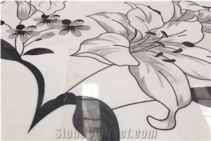 Flower Design Water Jet Green Yellow Mixed Marble