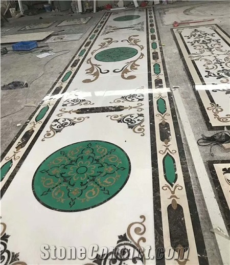 Flower Design Water Jet Green Yellow Mixed Marble