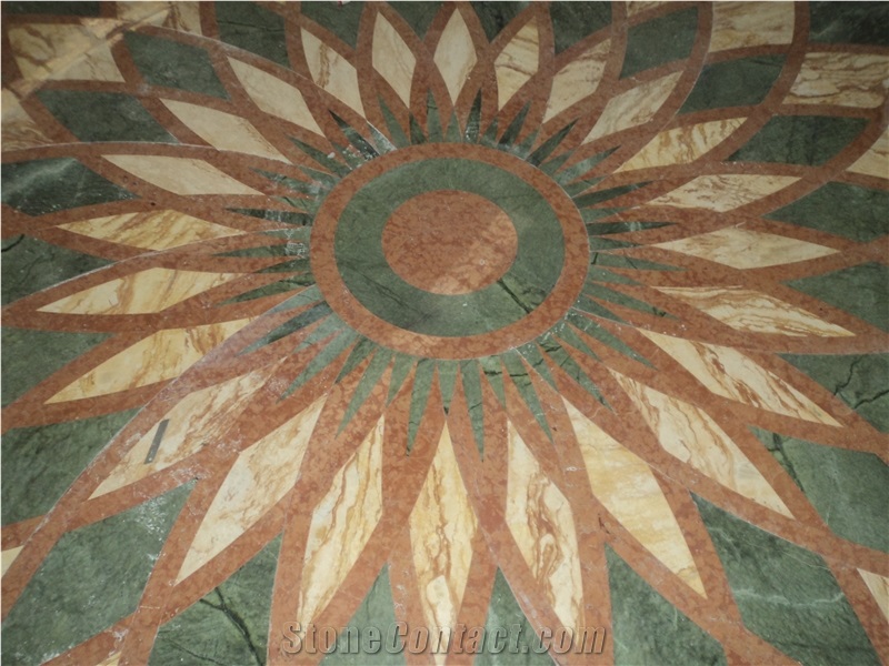 Flower Design Water Jet Green Yellow Mixed Marble