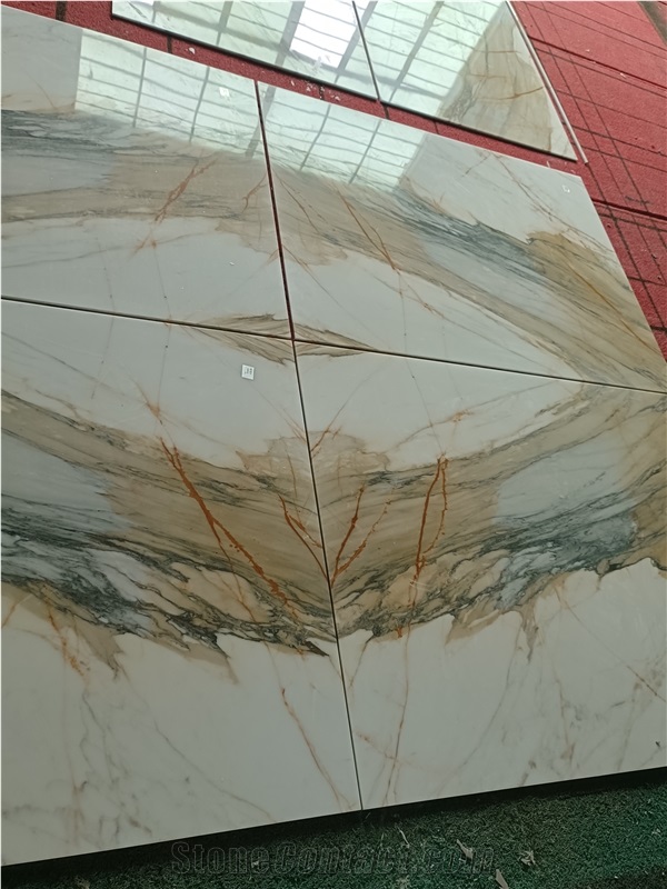 Luxury Bookmatch Mirror Calacatta Gold Marble Wall Cladding