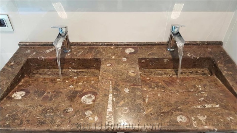 Fossilized Marble-Fossil Brown Marble Bathroom Top With Double Wash Basins