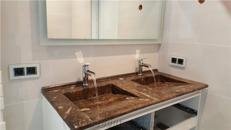 Fossilized Marble-Fossil Brown Marble Bathroom Top With Double Wash Basins