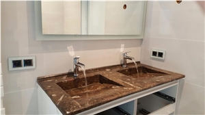 Fossilized Marble-Fossil Brown Marble Bathroom Top With Double Wash Basins
