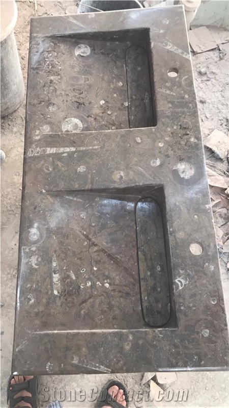 Fossilized Marble-Fossil Brown Marble Bathroom Top With Double Wash Basins