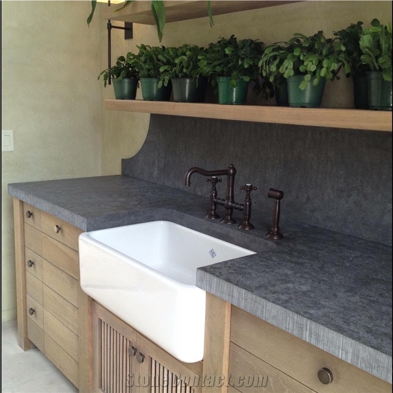 Imperial Grey Limestone Corduroy Edge Kitchen Top, Farm Sink