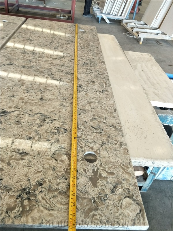 Customized Brown Quartz Stone Kitchen Tops Bench Tops