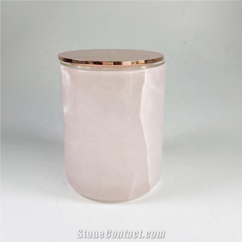 Natural Stone Pink Onyx Candle Holder W Lids For Home Decor