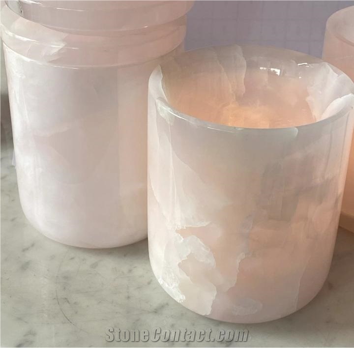 Natural Stone Pink Onyx Candle Holder W Lids For Home Decor