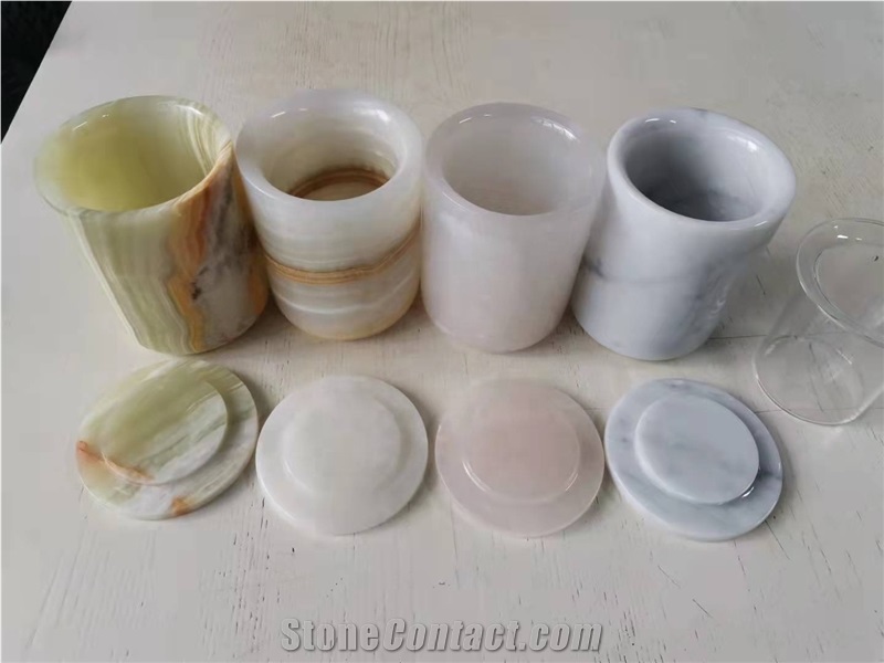 Natural Stone Pink Onyx Candle Holder W Lids For Home Decor