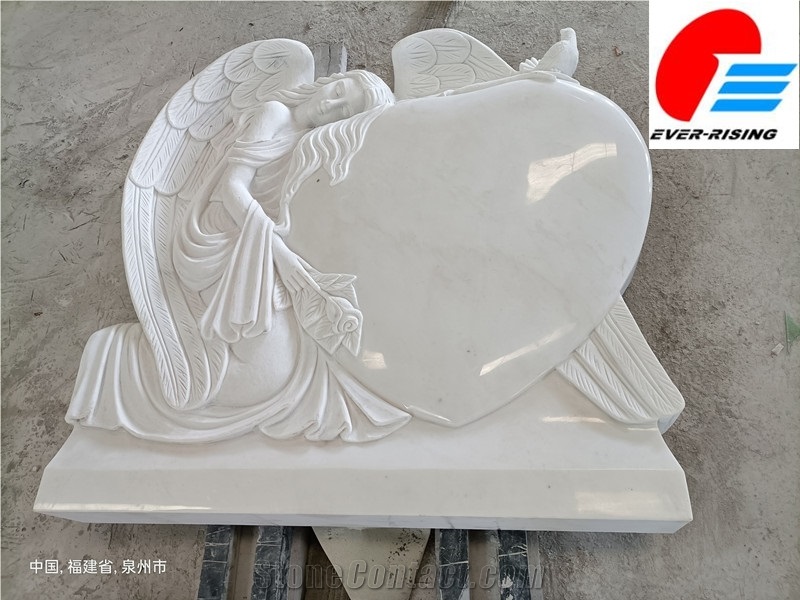 Holy White Marble Heart Tombstone, Angel Monument In Factory