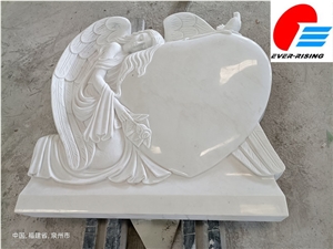 Holy White Marble Heart Tombstone, Angel Monument In Factory