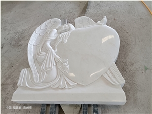 Holy White Marble Heart Tombstone, Angel Monument In Factory