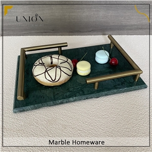 Green Marble Serving Tray With Handle For Hotel Project