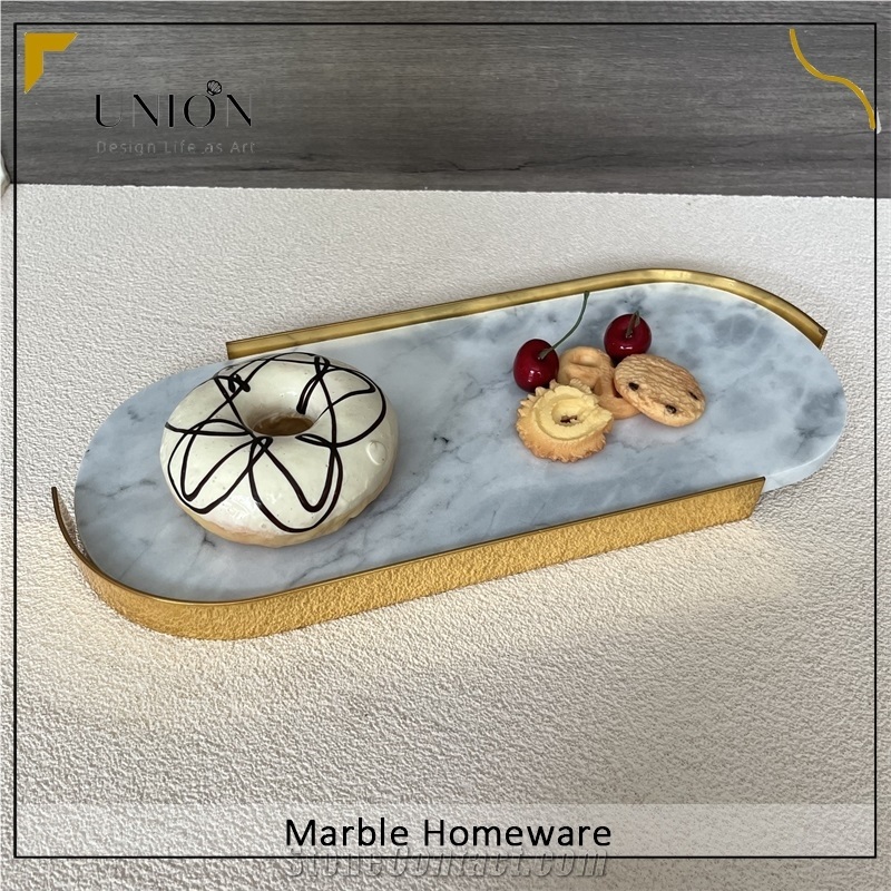 Natural Carrara White Tray Glossy Surface With Metal Holder