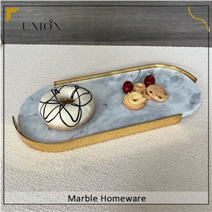 Natural Carrara White Tray Glossy Surface With Metal Holder