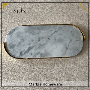 Natural Carrara White Tray Glossy Surface With Metal Holder