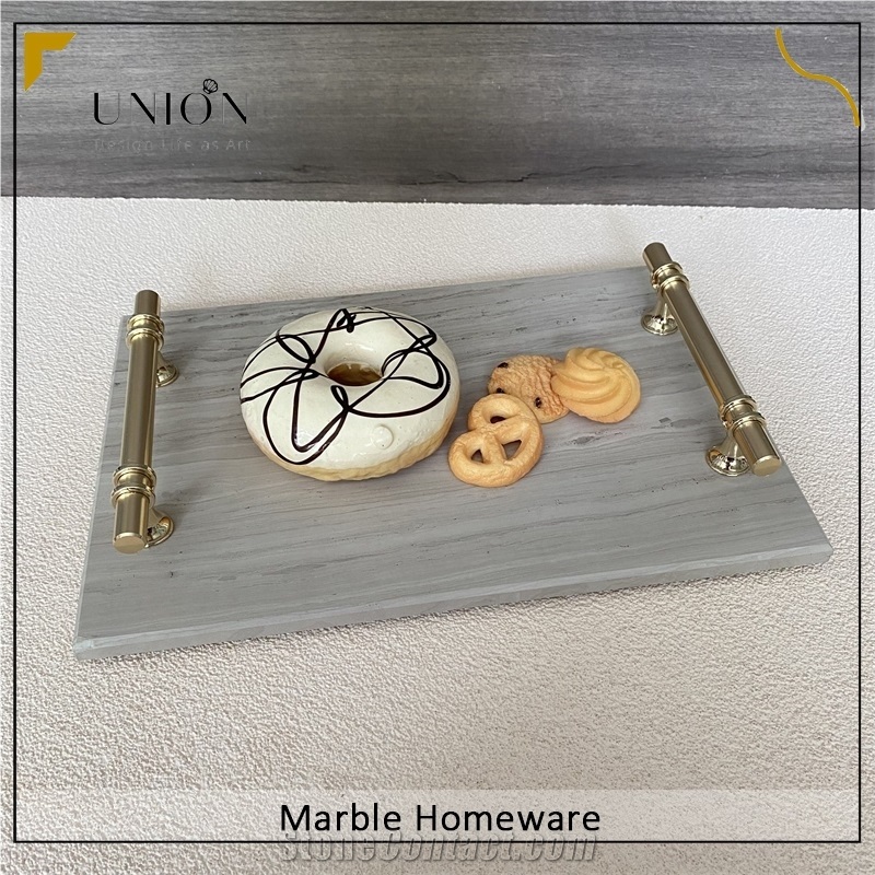 Rectangular Marble Fruit Tray Beige Tray With Golden Handle