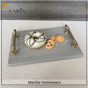 Rectangular Marble Fruit Tray Beige Tray With Golden Handle