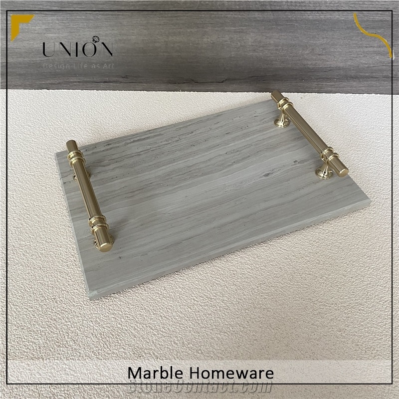 Rectangular Marble Fruit Tray Beige Tray With Golden Handle