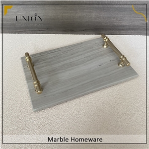 Rectangular Marble Fruit Tray Beige Tray With Golden Handle
